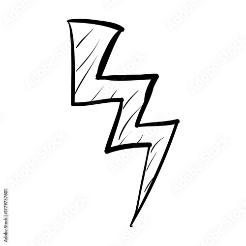 Lightning bolt icon, a symbol of energy, power, and sudden inspiration, hand-drawn style, black and white