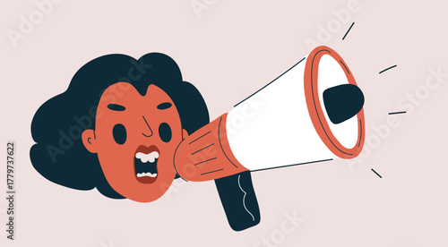 Cartoon vector illustration of a woman shouting into a megaphone, symbolizing protest and expression of voice