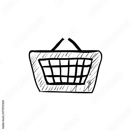 Shopping basket doodle icon, simple black and white sketch of a grocery basket for online stores and e-commerce