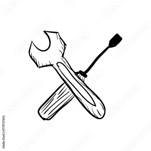 Crossed Wrench and Screwdriver Hand-Drawn Illustration - Repair and Construction Tools