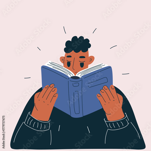 Cartoon vector illustration of a man reading a book, symbolizing knowledge and self-education