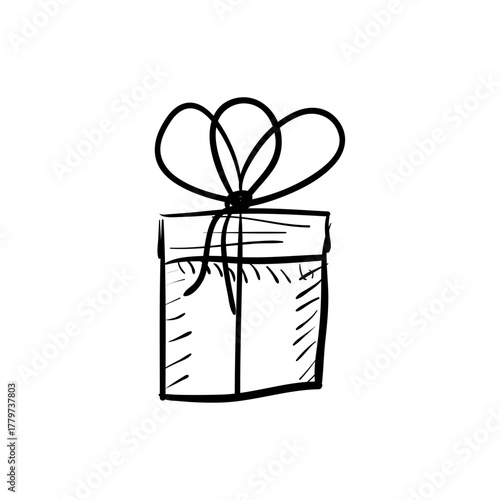 Hand Drawn Sketch of a Gift Box Tied with a Ribbon Bow, Isolated on White Background, Simple Icon