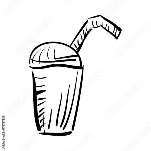 Hand drawn sketch of a refreshing beverage in a disposable cup with a straw for a quick refreshment