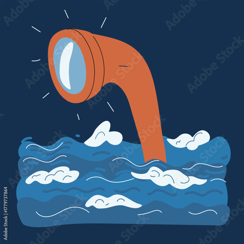 Cartoon vector illustration of a periscope emerging from water, symbolizing observation, curiosity, and discovery