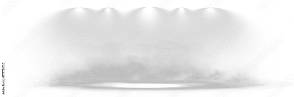 Naklejka premium Stage spotlight effect with multiple white beams illuminating smoke and fog on transparent background.
