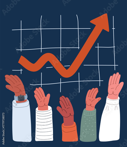 Cartoon vector illustration of raised hands celebrating success beneath an upward graph, symbolizing achievement and teamwork