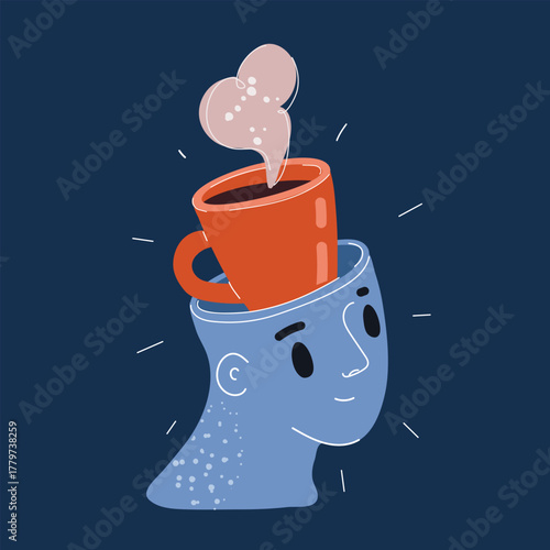 Cartoon vector illustration of a head with a cup of hot beverage inside, symbolizing ideas brewing and mental energy