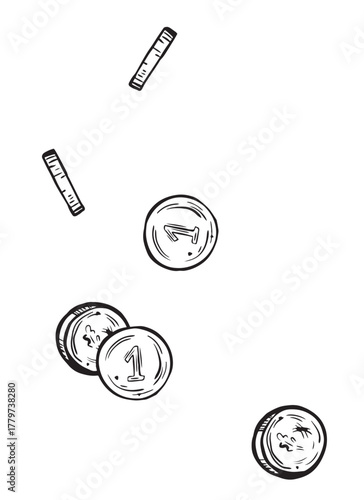 Sketch of coins. Hand-drawn ink vector illustration of money. Linear graphic elements for design, isolated on a white background.