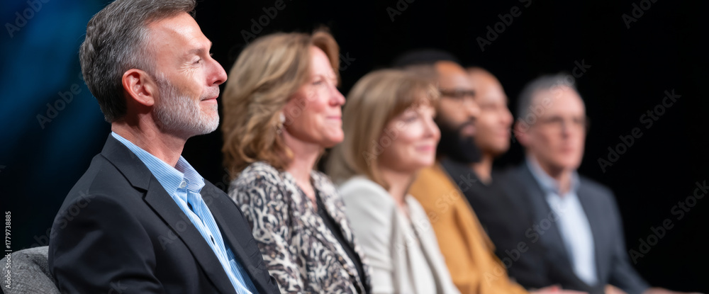 Fototapeta premium Diverse group of professional adults sitting in a row attentively listening during a conference or seminar event indoors