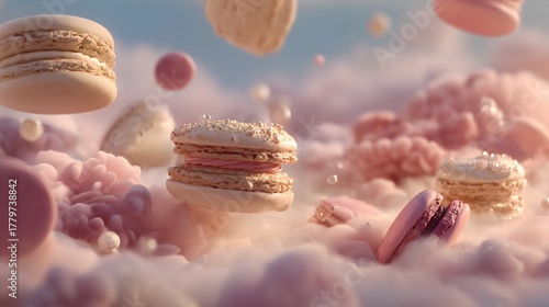 Fantasy Pastry Scene of Macarons and Cakes in a Cotton Candy Sky