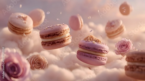 Pastry Scene of Macarons and Cakes