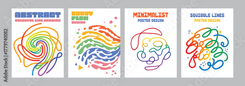 Set of four abstract colorful line drawing designs with fluid shapes and rainbow color palettes perfect for modern art posters
