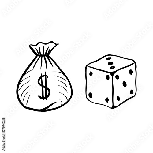 Money Bag and Dice Illustration - Symbolizing Gambling, Fortune, and Financial Risk