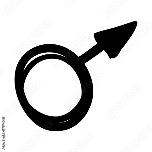 Simple black ink drawing of the male gender symbol. Hand-drawn Mars icon on white background