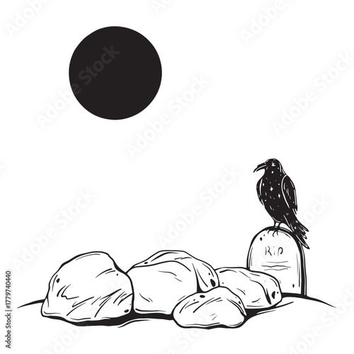 Sketch of a crow sitting on a gravestone next to some stones. Hand-drawn ink vector illustration of a bird sitting on a tombstone. Linear graphic elements for Halloween design, isolated on background