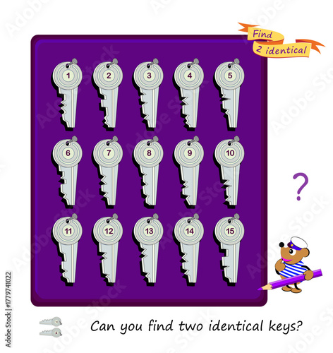 Can you find two identical keys? Game Seek and Find. Logic puzzle for children and adults. Page for kids brain teaser book. Task for attentiveness. IQ test. Hand drawn flat vector illustration.