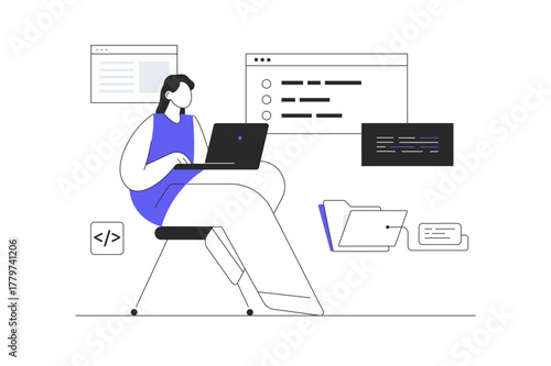 Programming and coding concept. Technology process of software development. Full Stack Developer. Flat Cartoon Vector Illustration, icon Stylish abstract design landing page web