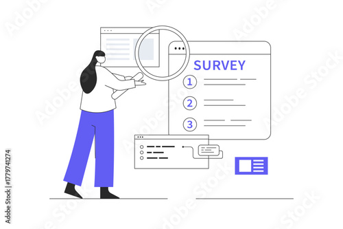 Online survey concept. Online testing, examination in mobile app, answering in digital form, feedback. Survey questionnaire Flat Cartoon Vector Illustration, icon Stylish abstract design landing page 