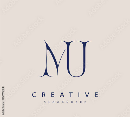Sophisticated and stylish letter logo design featuring the combination of the letters M and U in dark blue color scheme perfect for branding stationery website headers or social media graphics