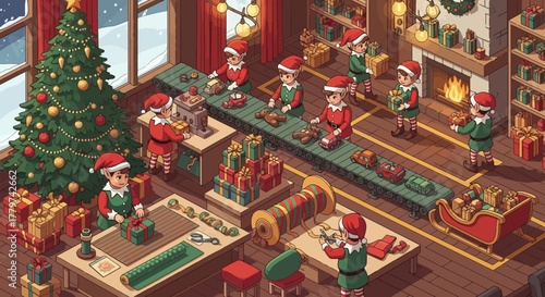 Christmas elves working in Santa's workshop, making toys and wrapping gifts.