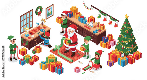 Santa Claus and elves preparing gifts in a workshop for Christmas.