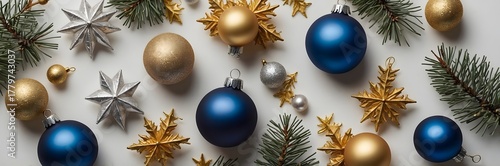 Decoración navideña con bolas doradas y azules, estrellas metálicas y ramas de abeto sobre fondo blanco