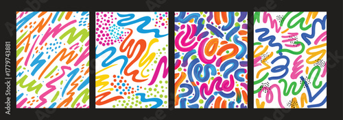 Set of four playful abstract hand drawn brushstroke patterns in bright colors perfect for textiles children products and art