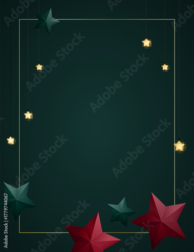 Christmas background design with yellow glowing stars and paper stars. Dark green backdrop with space for text. Vector flyer or banner template.