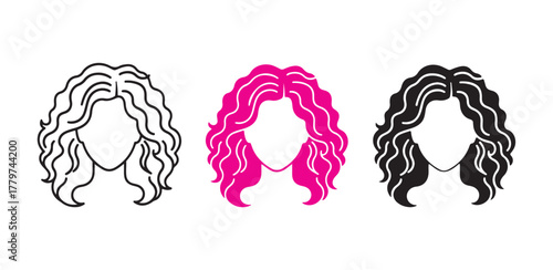 Curly Hair Silhouettes in Black, Pink, and Outline