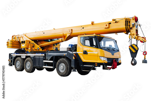 a large yellow mobile crane with an elongated boom and hook on a white background. concept of modern special equipment