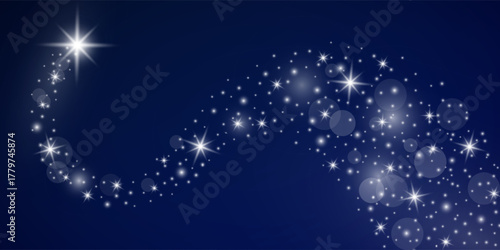 Magical glowing starry trail. Sparkling star trail with scattered stars, glowing effects and bokeh lights on deep blue background. Perfect for Christmas designs, holiday or magical concepts. Vector