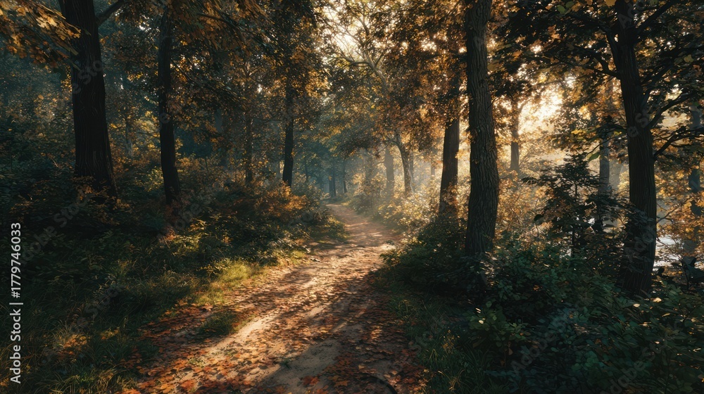 Obraz premium Autumn forest path with golden leaves, sunlight filtering through trees, ultra realistic 8k, cinematic