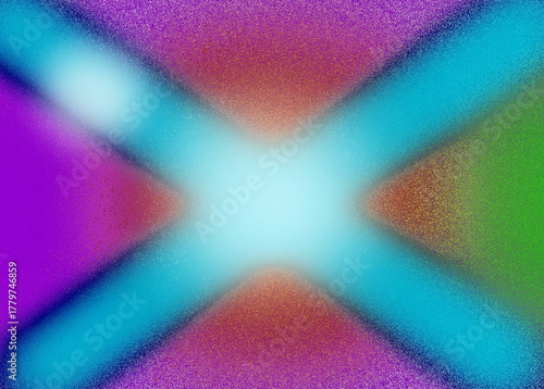 Fundo abstrato em formato de X, centro brilhante azul, faixas diagonais azuladas e bordas coloridas em verde, roxo e laranja, textura granular, estilo moderno e vívido