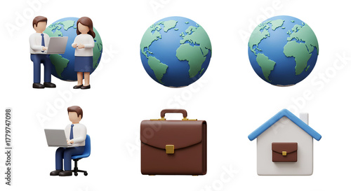 Cartoon people with laptops and earth globes and a briefcase and house on a black background