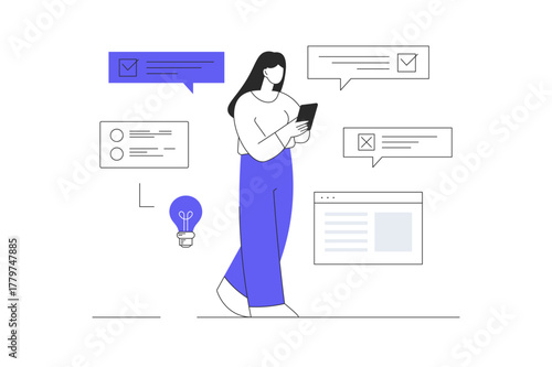 Online survey concept. Woman choosing right answers for filling online quiz at mobile phone screen. Flat Cartoon Vector Illustration, icon Stylish abstract design landing page web
