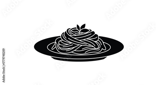 A simple black and white illustration of pasta served on a plate