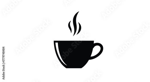 Simple black and white illustration of a steaming hot coffee cup