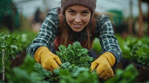 Happy female farmer tending to leafy greens in a greenhouse.