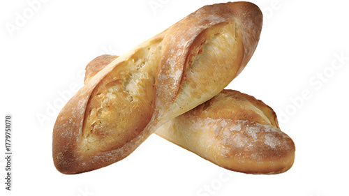 Two crusty baguettes isolated on transparent background