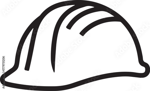Black and white line drawing of a construction hard hat helmet safety on transparent background