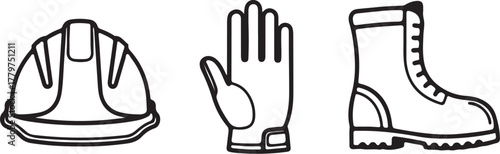 Black and white line art of construction safety gear: hard hat, glove, boot protection work on transparent background