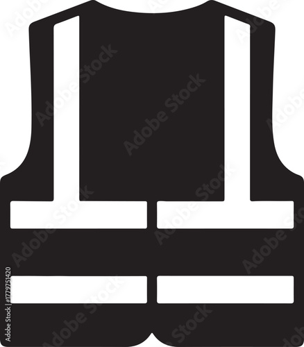 Black Silhouette Icon of a High- Visibility Safety Vest with Reflective Stripes Keywords: safety vest, high visibility, reflective vest, workwear, personal protective on transparent background