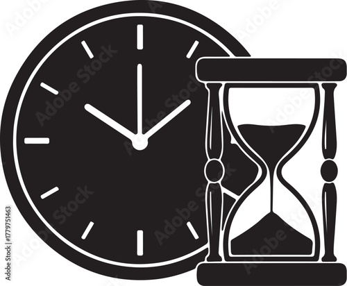 Black Silhouette of a Clock and Hourglass Side by Side on White Background time sand timer on transparent background