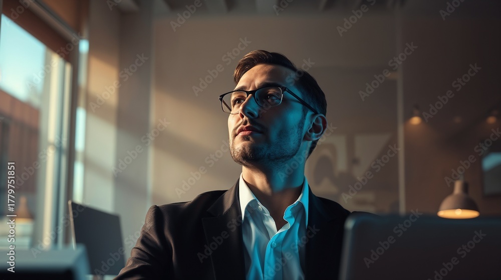 Fototapeta premium Businessman using a laptop while working late in his office