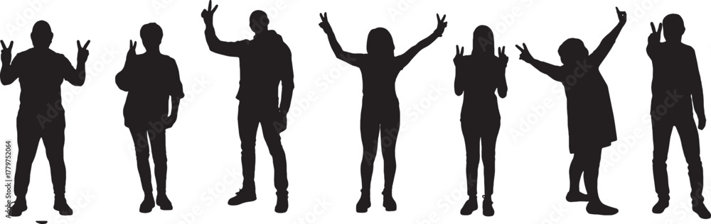 Fototapeta premium vector, silhouette of a group of women and men showing v sign