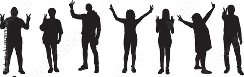 vector, silhouette of a group of women and men showing v sign