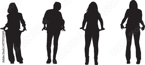 vector, silhouette of a  group of women showing empty pants pockets