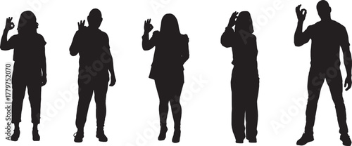 vector, silhouette of a group of people standing showing the OK sign with their hands