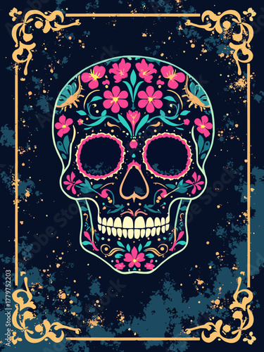 Modern Día de los Muertos poster — neon-outline sugar skull on black marble texture, gilt papel picado border, luxe feel; palette: neon pink, gold, black, teal