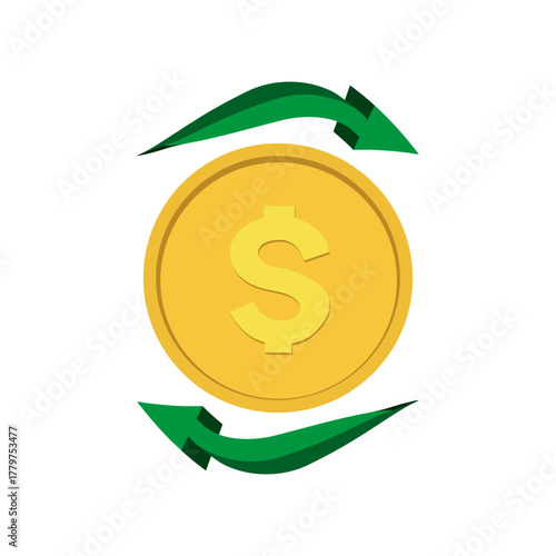 Money exchange with a coin and arrows depicting financial transactions in a simple design. Transfer money. Vector illustration
